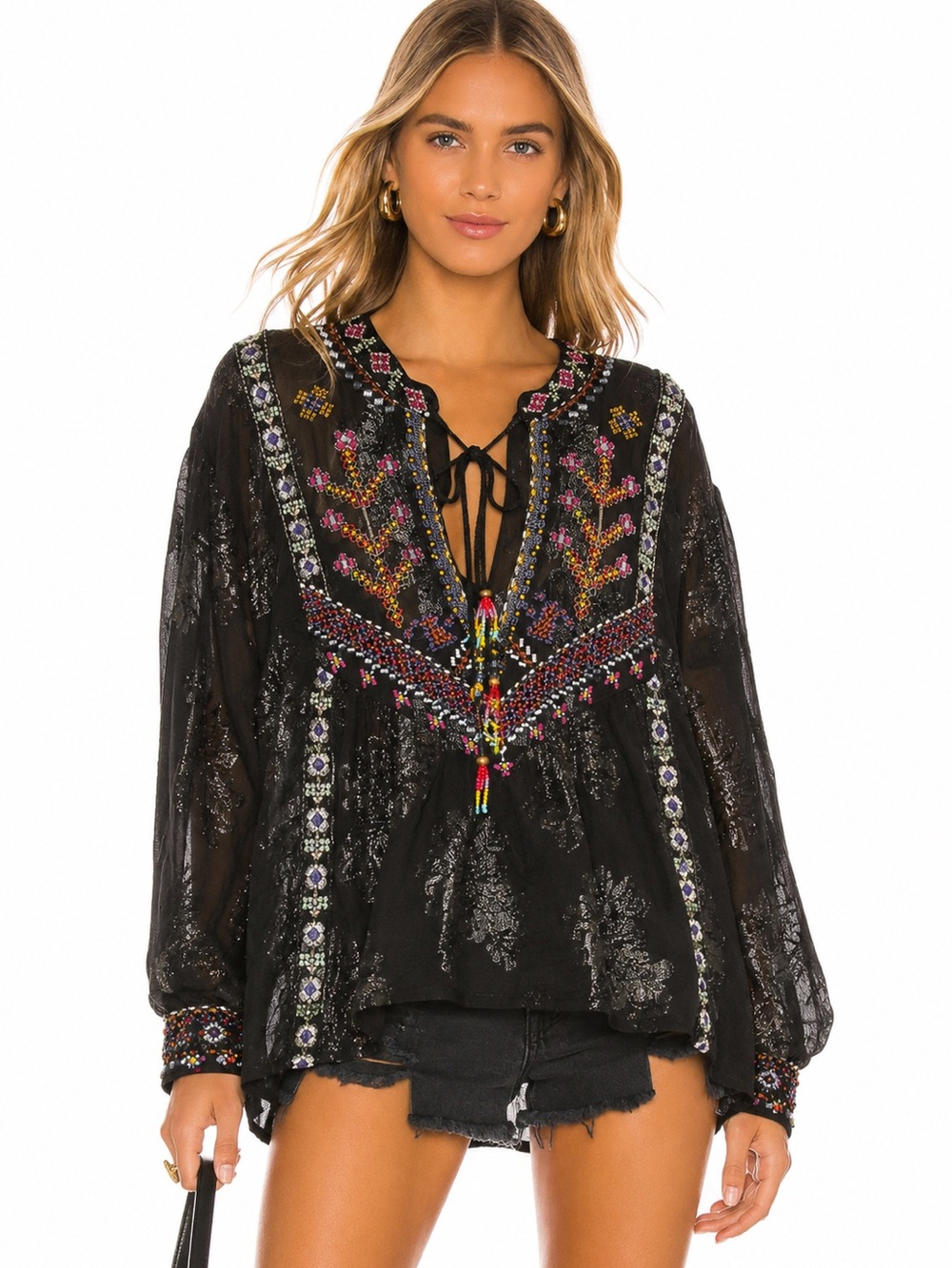 Zara Embroidered Beaded Boho Peasant Blouse New With Tags Size Small